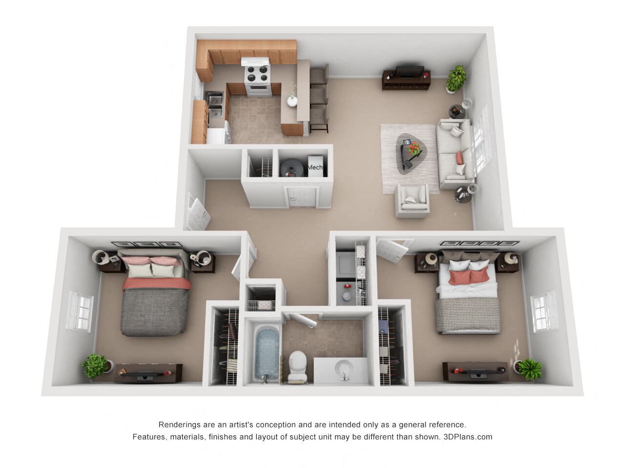 Floor plan for 2 beds, 1 bath, 925 sqft